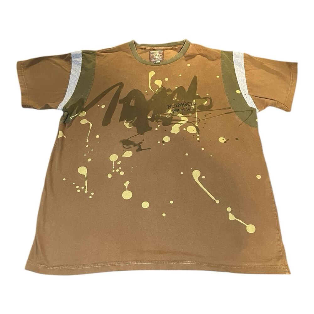 Vintage Y2K Mambo Surf De Luxe Graphic T-Shirt Size XL Army Brown Green Splatter